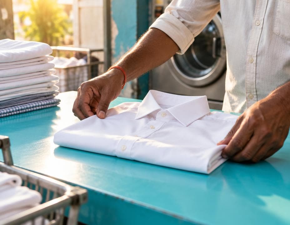A garment care specialist carefully folding a clean white shirt